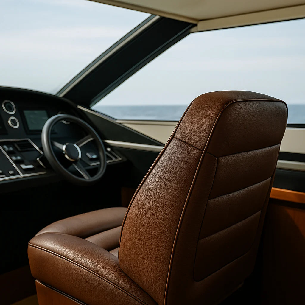 Brauner Ledersitz im Steuerbereich einer modernen Yacht mit Blick auf das Meer durch große Fenster.