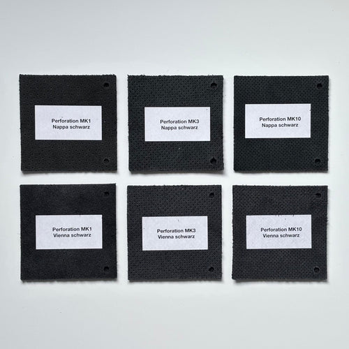 Vorderseite perforierter Autoleder der MK-Serie (MK1, MK3, MK10) in Schwarz