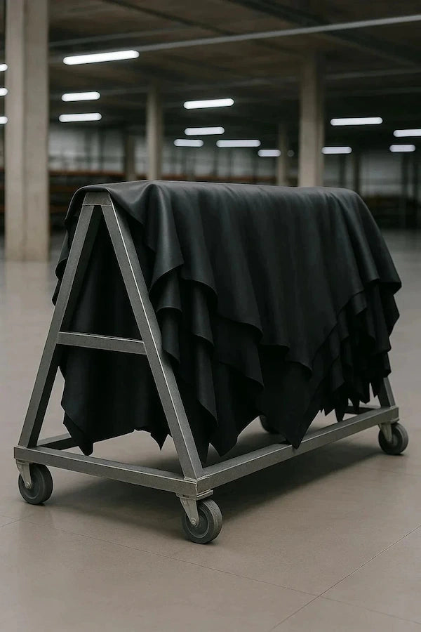 Schwarzes Leder, ausgestellt auf einem Ständer