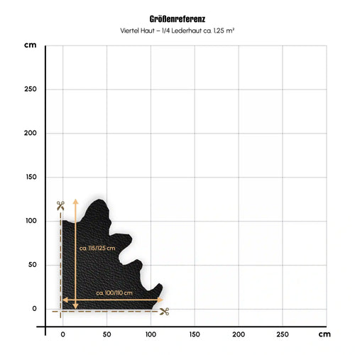 Größenreferenz: Viertel Lederhaut (1/4) ca. 1,25 m² – Maße ca. 115–125 × 100–110 cm